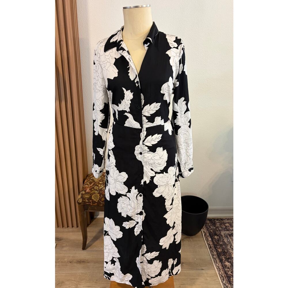 Harlow & Rose Women’s Large Black White Floral Button Front Maxi Shirt Dress